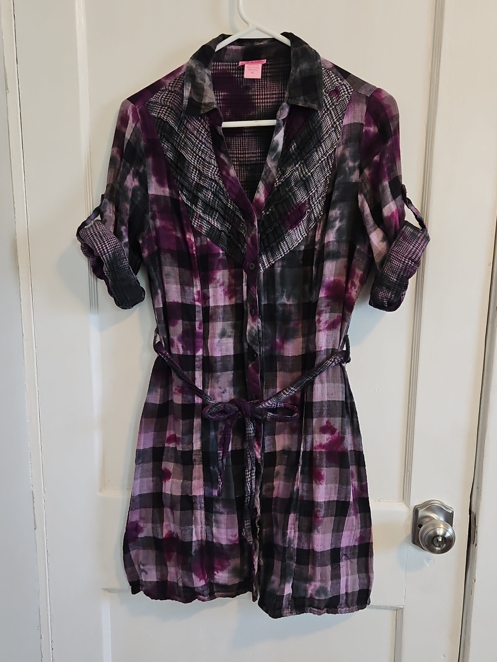 She's Cool Purple Plaid Button-Front Shirt Dress with Tie Waist